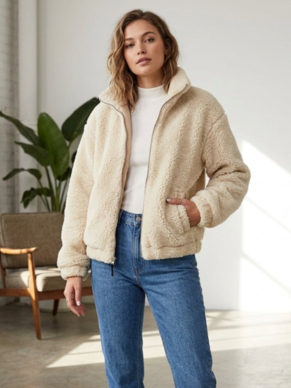Urban Outfitters Cream Teddy Sherpa Jacket L Full Zip Fleece Oversized